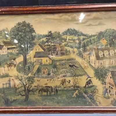 445: Attr Pauline Jackson Folk Art Farm Lithograph

