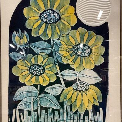 267: Signed Tom Wood Sunflowers Embossed Litho
