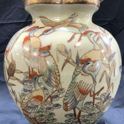 421: Atq Hand Painted Asian Urn W Crane Detail & Lid
