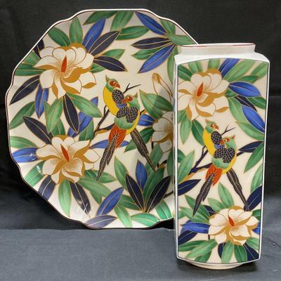 9: Set 2 Signed Asian Porcelain Bird Vase & Platter
