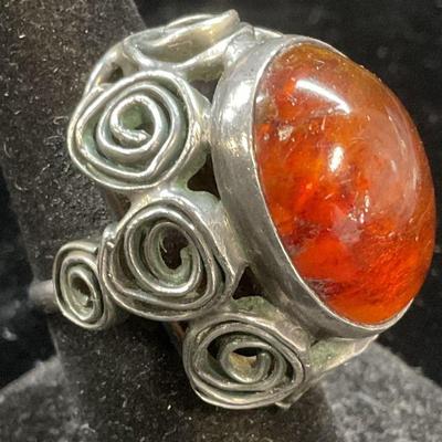 691: Vintage Signed Sterling Silver Amber Ring
