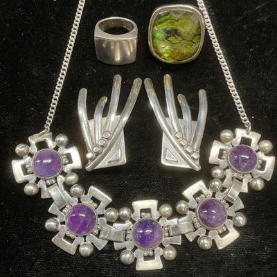 764: Lot 4 Sterling Silver Necklace, Rings, Earrings
