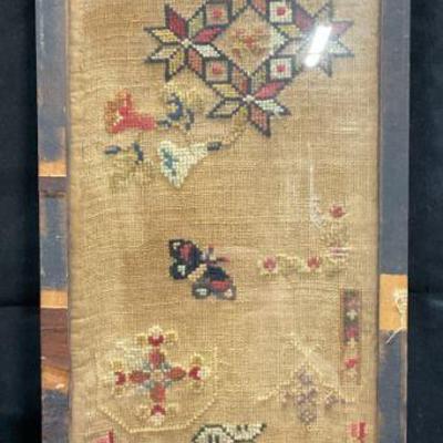 143: Antique Framed Asian Motif Cross Stitch Sampler
