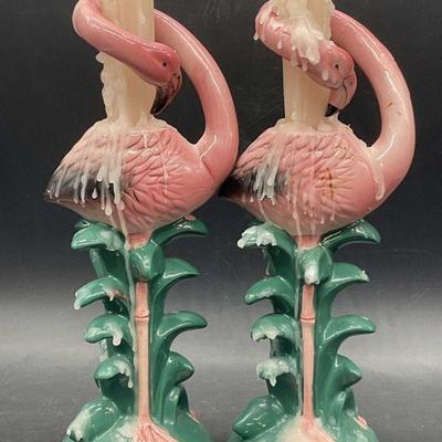 734: Pr 1981 FIVE & DIME Ceramic Flamingo Candlesticks
