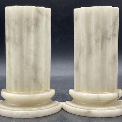 67: Pr Vtg Hand Carved Alabaster Column Bookends, Italy
