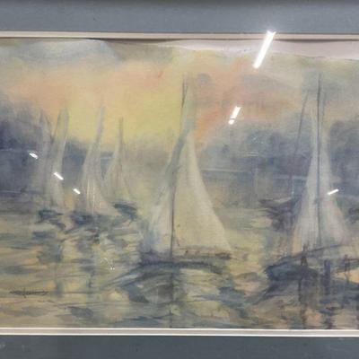 232: Signed Lu Jonescu Sailboats Watercolor Painting
