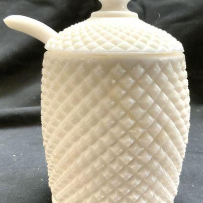 636: Vintage Milk Glass Sugar Dish w Lid & Spoon
