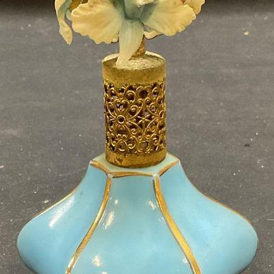 356: Vtg Irice Blue Glass Floral Perfume Bottle, France

