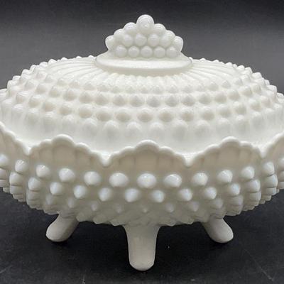 597: Vntg Hobnail Milk Glass Footed Trinket Dish, Lid
