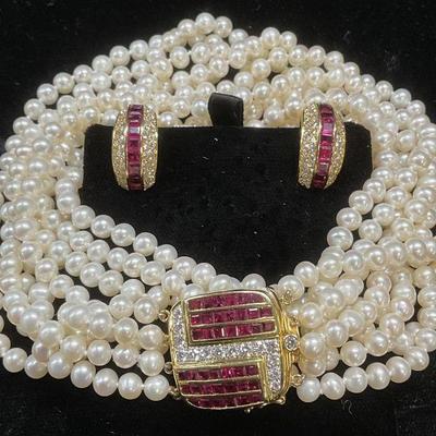 415: 18K GOLD DIAMOND RUBY PEARL NECKLACE & EARRINGS
