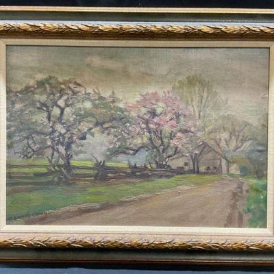 254: Framed R. Emmett Owen Road & House Oil Painting
