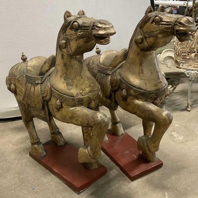 2: Pair Vintage Tang Dynasty Style Carved Wood Horses
