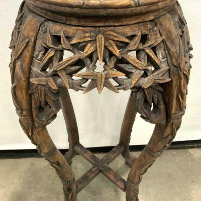455: Antq Asian Carved Wooden Marble Top Taboret
