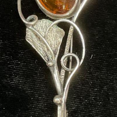711: Vintage Sterling Silver Amber Flower Brooch
