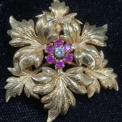 410: TIFFANY & CO 18K GOLD DIAMOND RUBY FLOWER BROOCH
