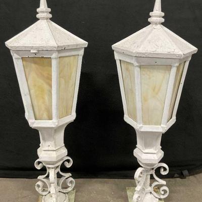 494: Pr Vtg Metal Standing Lanterns W/ Slag Glass 41in
