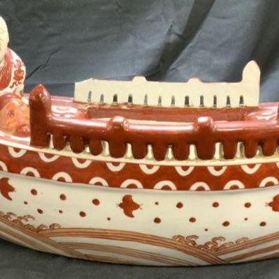 437: Vtg Hand Painted Japanese Porc Boat W Male Figure
