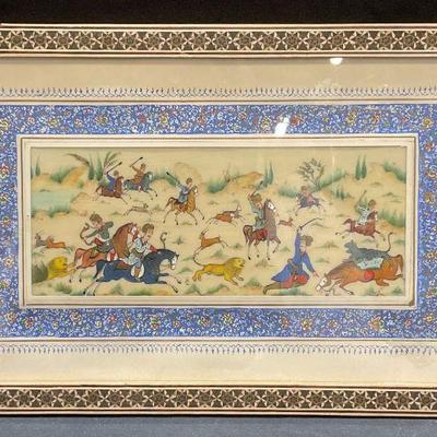 434: Framed Persian Miniature Polo Game Painting

