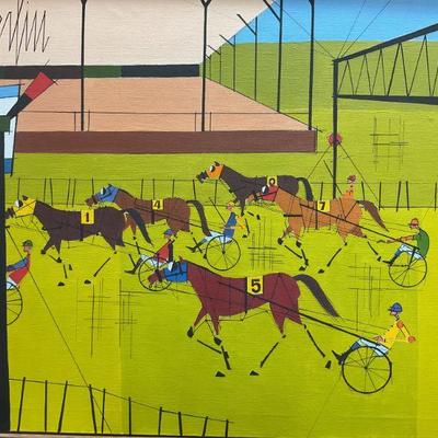 572: Signed Jean Nerfin Horse Race Oil Painting 41in
