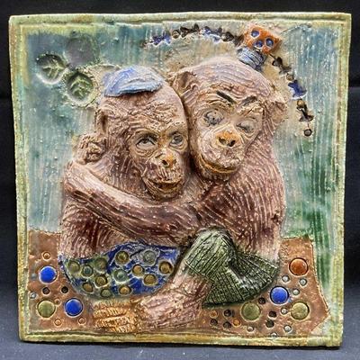 376: Hand Painted Ceramic Monkey Relief Plaque
