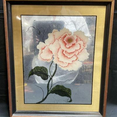 705: Framed Mixed Media Mirrored Flower Painting

