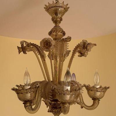 47: Gold Toned Art Glass Murano 5 arm Chandelier
