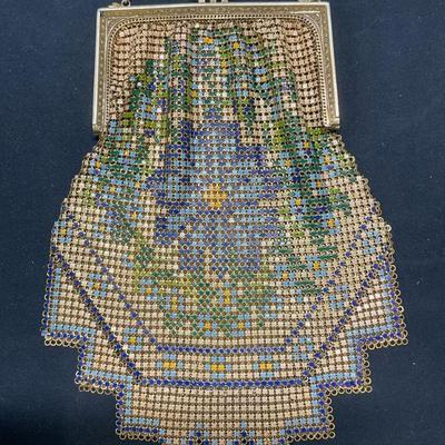 298: Vtg Whiting & Davis Enameled Floral Mesh Handbag

