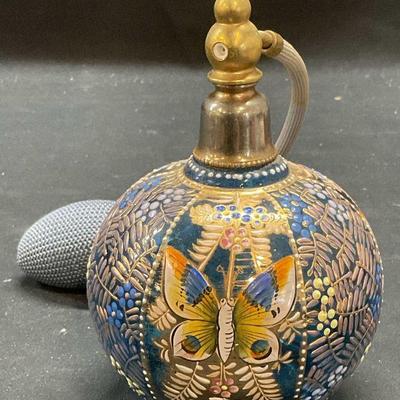 363: Hand Painted Gilt Blue Glass Perfume Bottle
