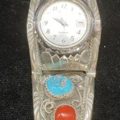 767: Sterling Silver Turquoise & Coral Lone Star Watch
