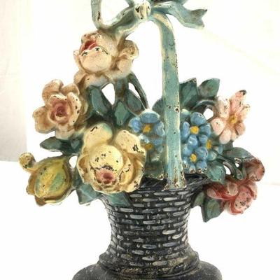 63: Antique Painted Cast Iron Flower Basket Door Stop
