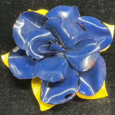 339: XL Vintage Blue Enamel Flower Brooch, 3.5In
