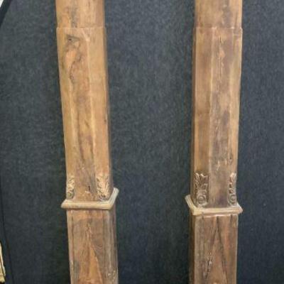 80: Pr Carved Wooden Pillars W Cement Bases
