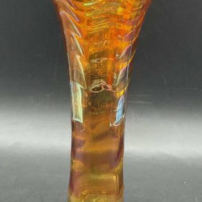15: Vntg Iridescent Orange Carnival Glass Swung Vase
