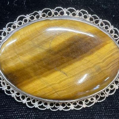 628: Vtg Sterling Silver Filigree Tigers Eye Brooch
