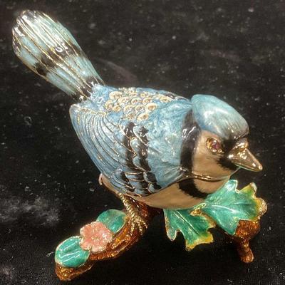 555: Signed Enameled Crystal Blue Jay Trinket Box
