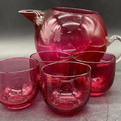 49: Set 5 Cranberry Art Glass Pitcher W/ Glass Cups
