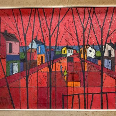 473: Signed Jean Nerfin Red Town Abstract Oil Painting
