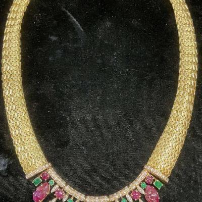 406: SIGNED 14K GOLD DIAMOND RUBY EMERALD NECKLACE
