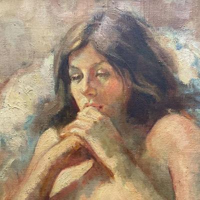 138: Framed Portrait of a Nude Woman Oil Painting
