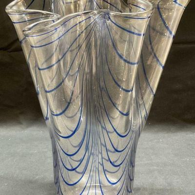 300: Clear Blue Feather Pull Art Glass Vase

