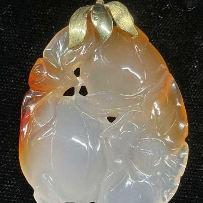 671: Asian Orange Jade Fruit Flower 14k Gold Pendant
