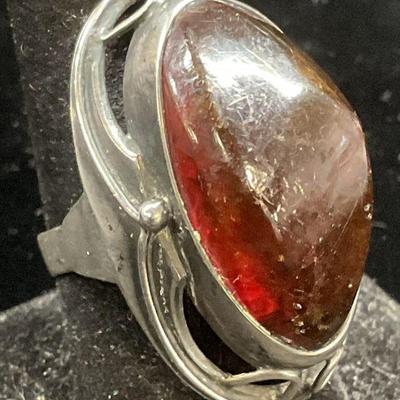 690: Vintage Signed Sterling Silver Amber Ring
