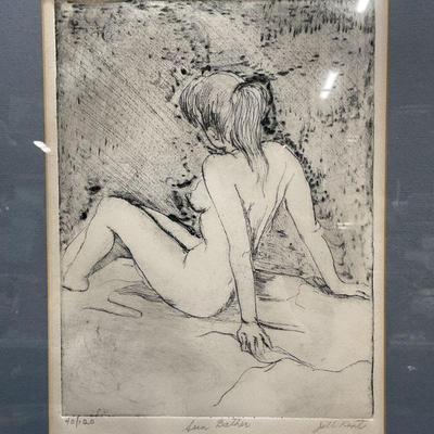 257: Signed Jill Kent Sun Bather Nude Woman Etching
