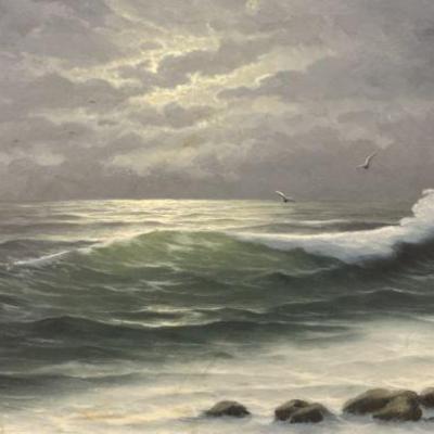 747: C. Schipper Seashore with Seagulls Oil Painting

