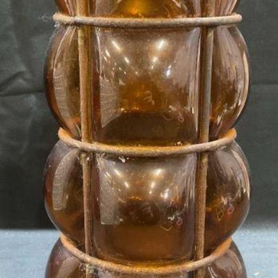 351: Vintage Caged Blown Amber Art Glass Vase
