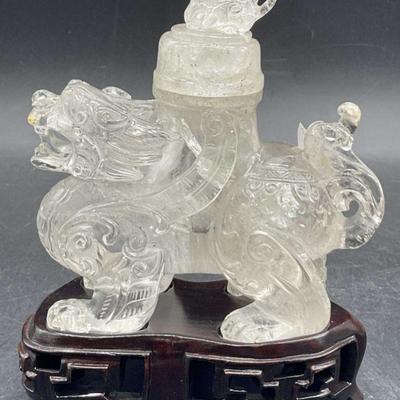 781: Asian Fu Dog Rock Crystal Lidded Figural W/ Stand

