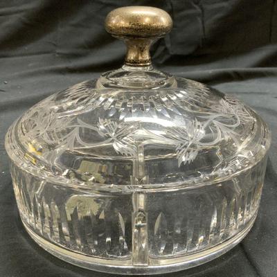 282: Sterling Silver Handle Art Gls Divided Dish W Lid
