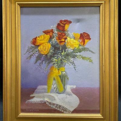 95: Signed Croghan Still Life Roses Oil Painting
