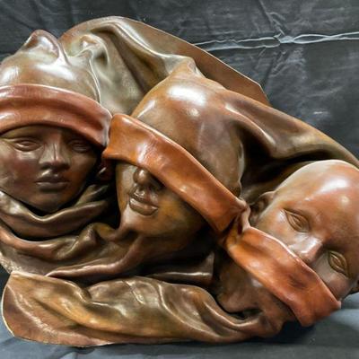 736: 1990 Sgn 3D Hear Speak See No Evil Leather Art Mxc

