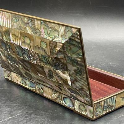 542: Abalone Shell Wood & Brass Hinged Lid Trinket Box
